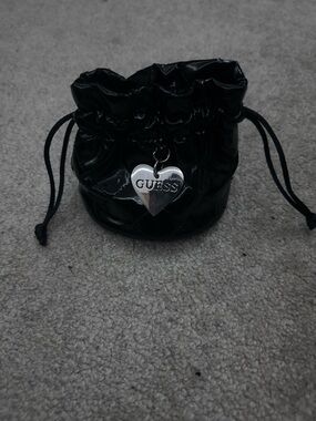 GUESS Black Quilted Drawstring Pouch with Silver Heart Charm